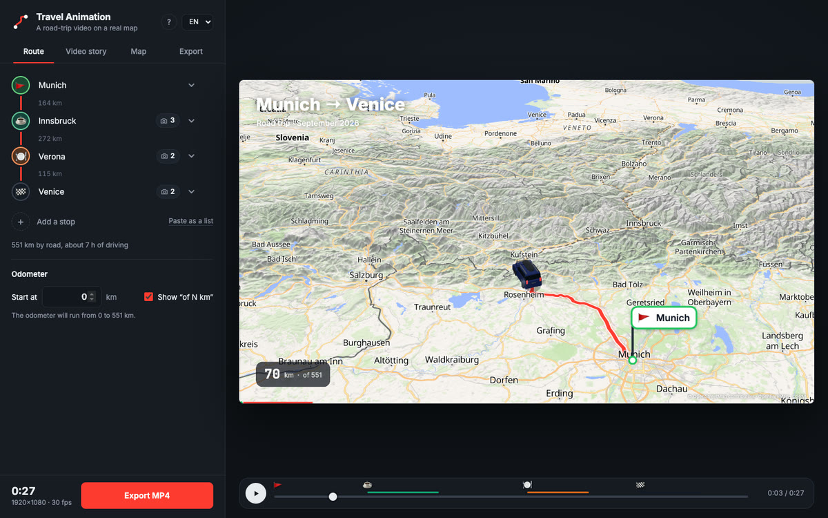 Route tab: stops Munich, Innsbruck, Verona and Venice on a route line with distances