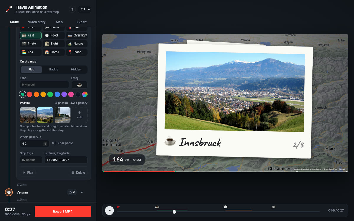 Stop menu with type, map marker, color and attached photos