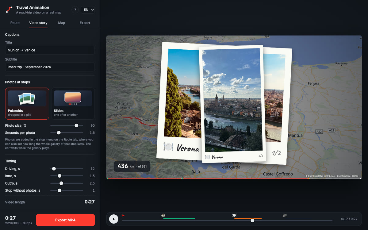 Video story tab with gallery style, photo size and timing, and a polaroid gallery in the preview