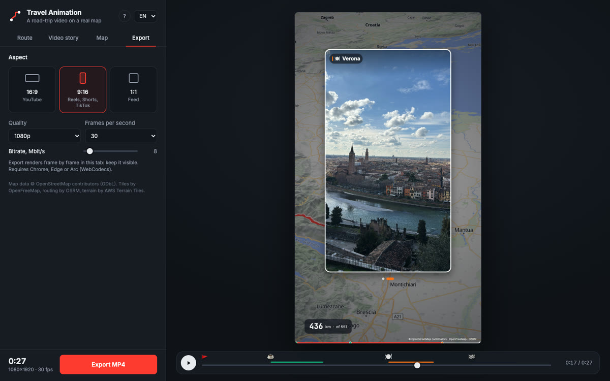 Export tab with 16:9, 9:16 and 1:1 formats, quality and the Export MP4 button